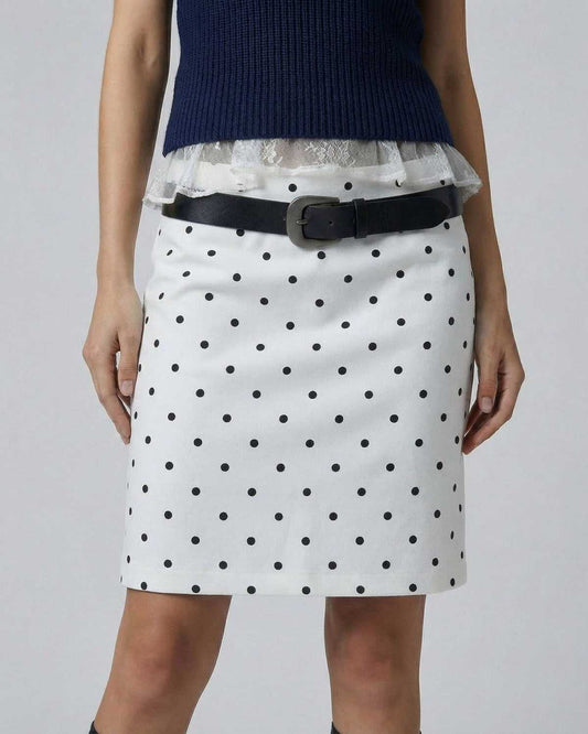 Ivory Mini Skirt by Lauven featuring a polka dot pattern and structured bodycon fit, perfect for a polished look.