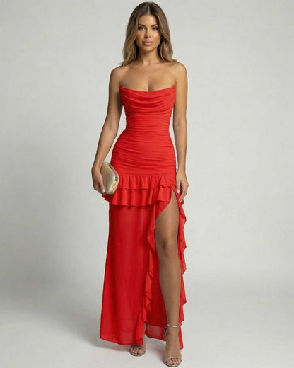 Valencia Maxi Dress by Lauven, featuring a bold red color, cowl neck, ruffle detailing, and high-waist silhouette.