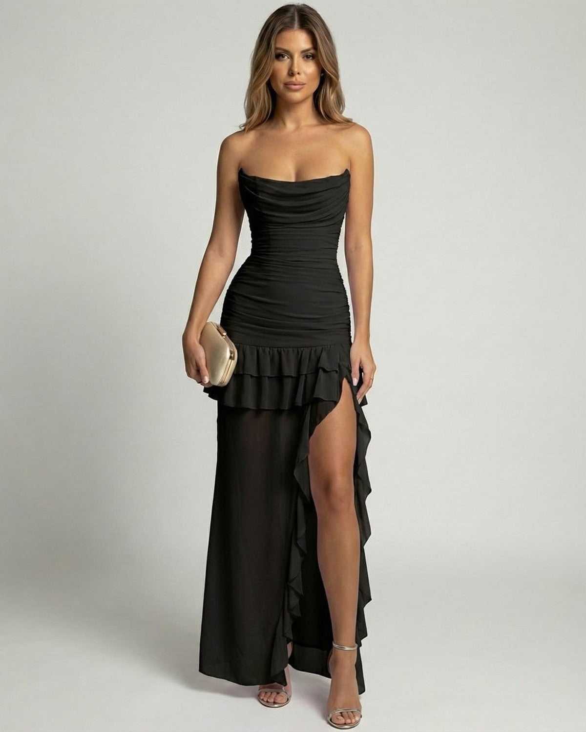 Noiré Maxi Dress by Lauven, featuring a cowl neck, ruffle accents, and a high-waist silhouette in elegant black.
