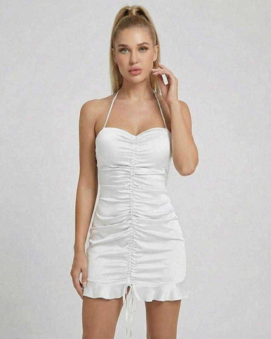 Ivory Mini Dress by Lauven, featuring a satin finish and ruched high-waist silhouette.