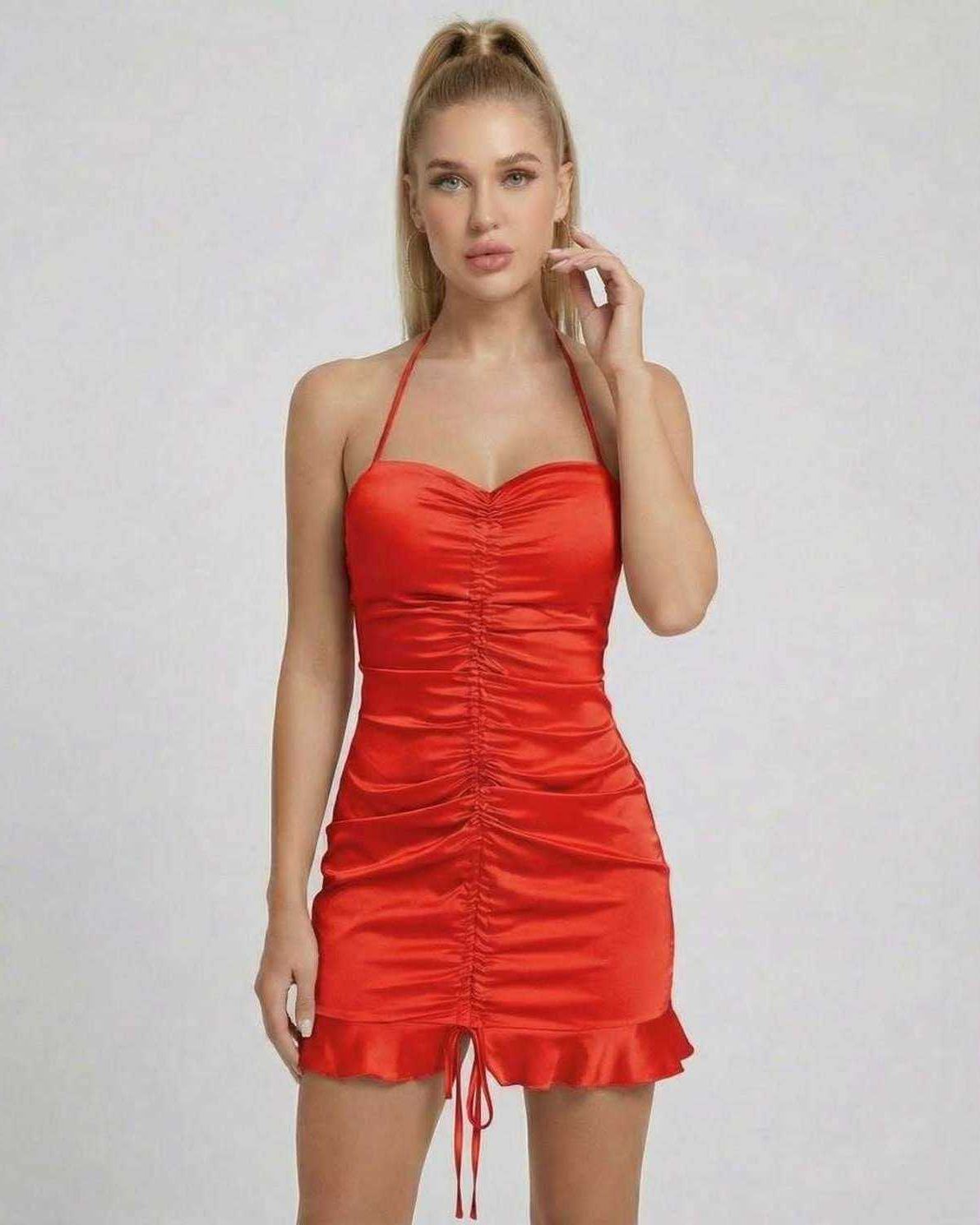 Scarlet Mini Dress by Lauven, showcasing a ruched high-waist satin mini dress in vibrant red.