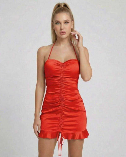 Scarlet Mini Dress by Lauven, showcasing a ruched high-waist satin mini dress in vibrant red.