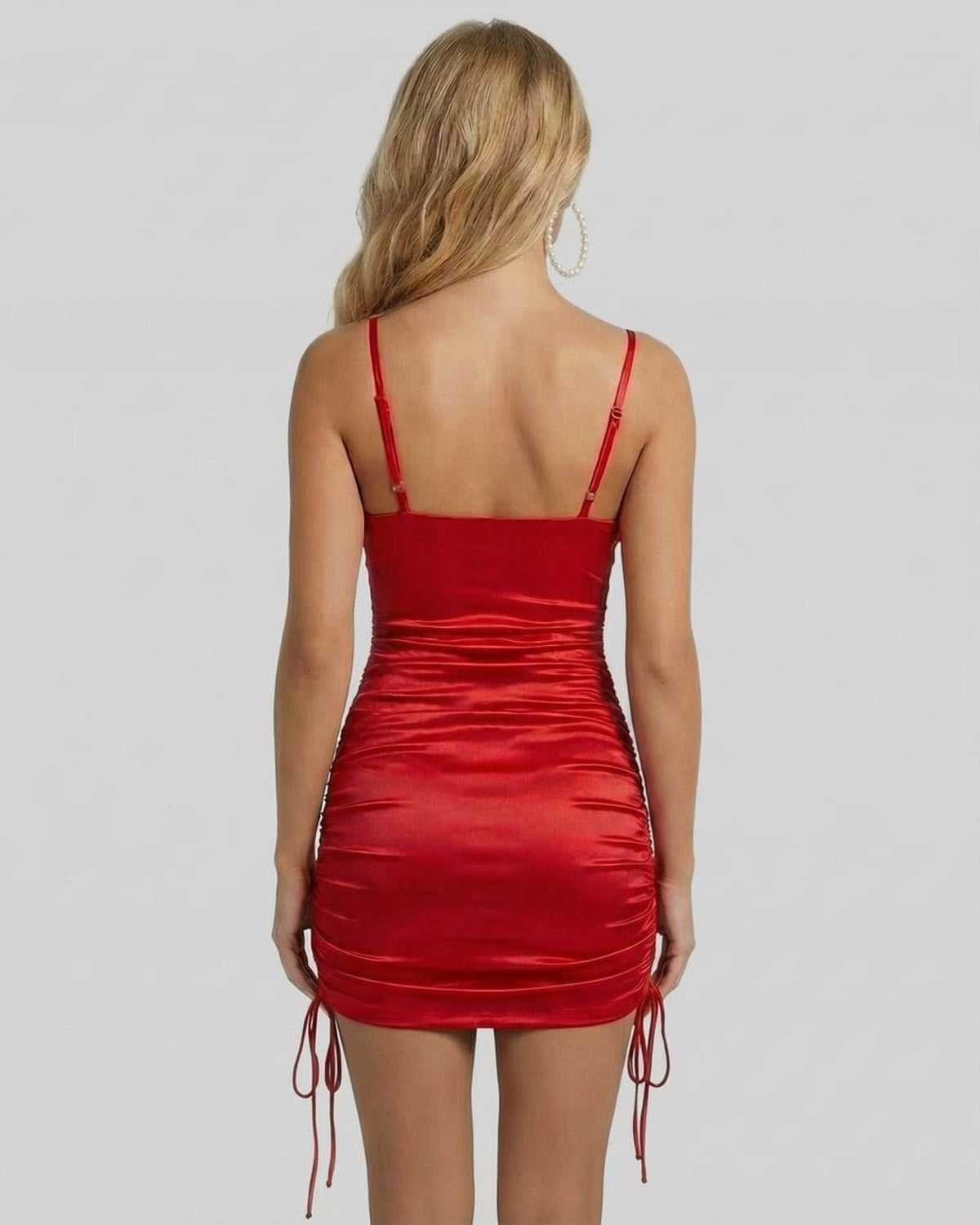 Valencia Mini Dress by Lauven, red satin mini dress with ruched detail and adjustable straps.