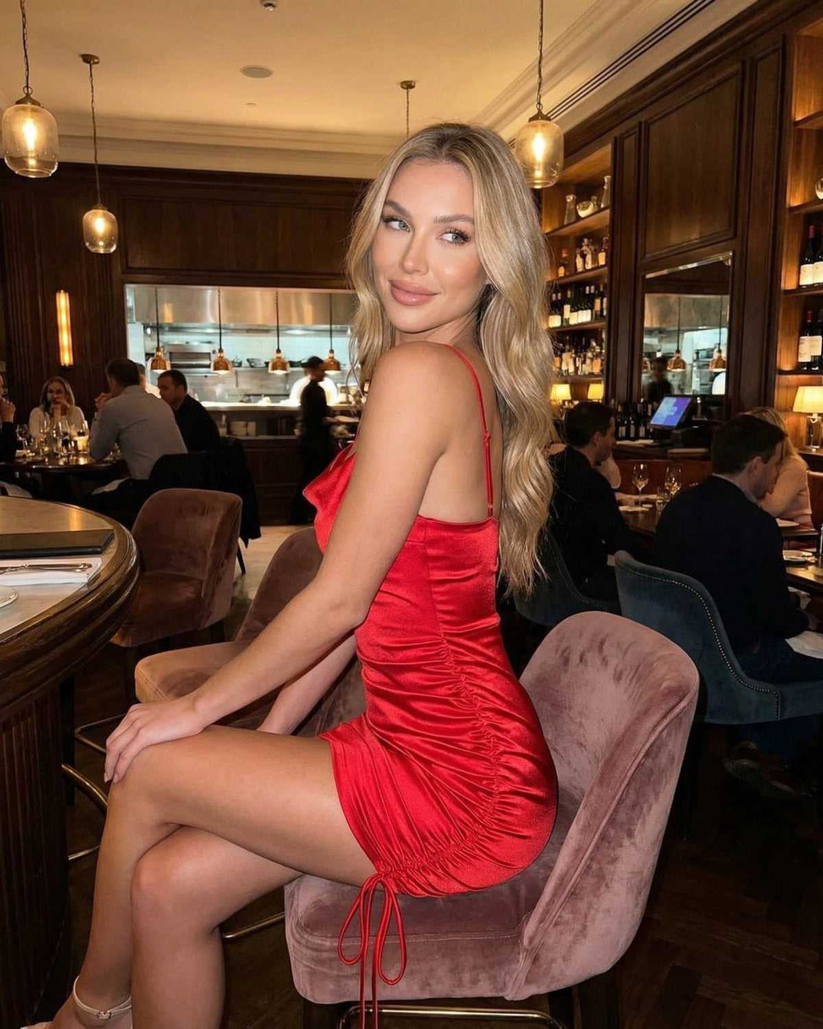 Valencia Mini Dress by Lauven, showcasing a satin mini dress with ruched detail, perfect for elevated styling.