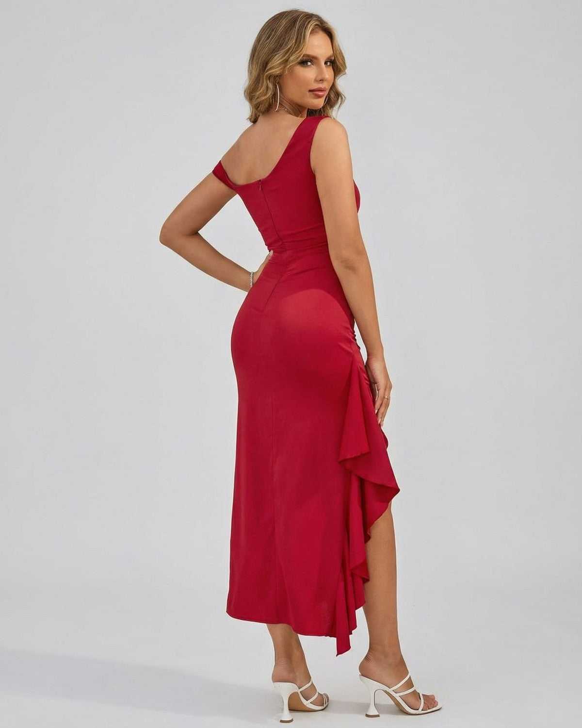 Valencia Midi Dress by Lauven featuring an off-the-shoulder design and a flattering, ruffled back detail.