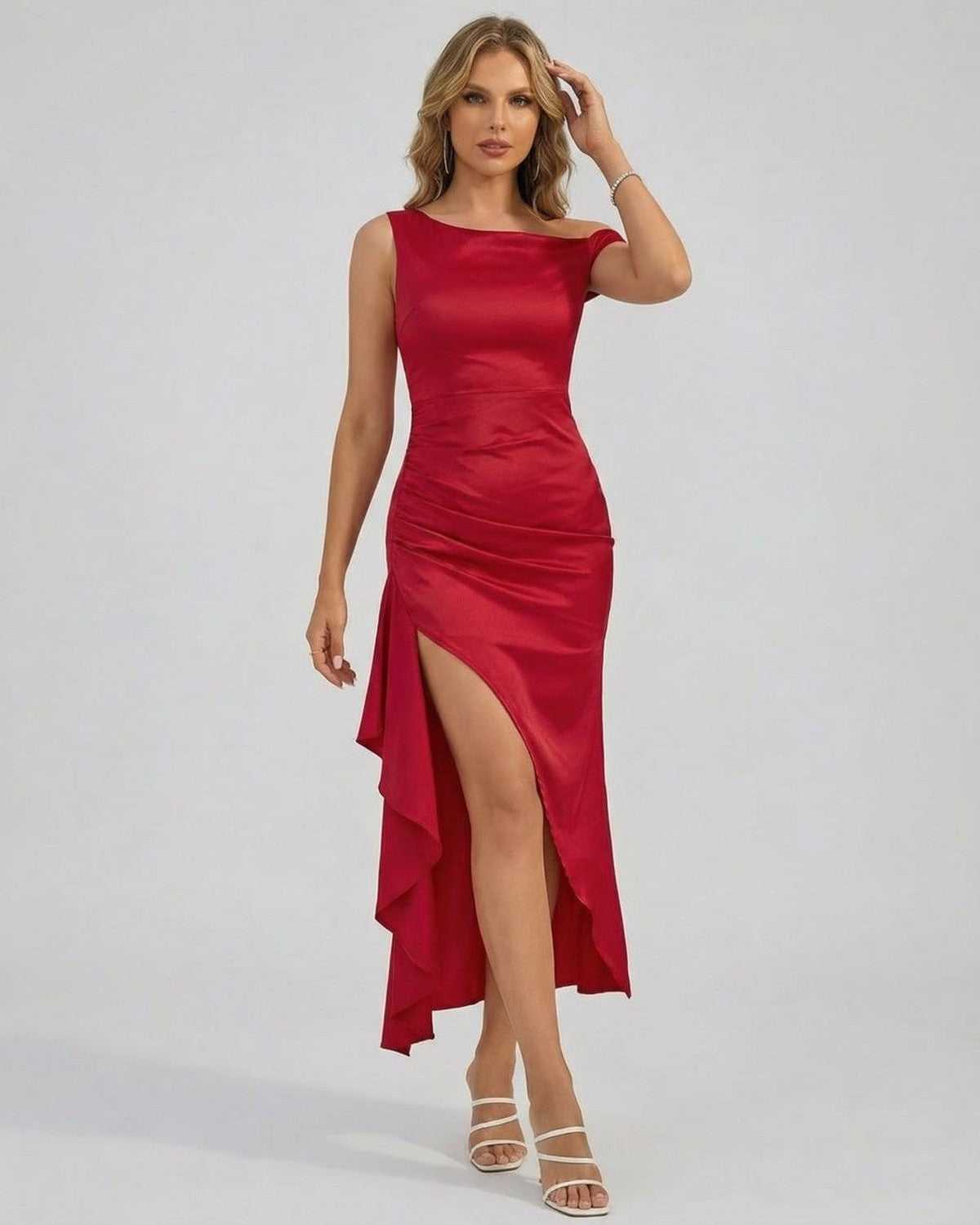 Valencia Midi Dress by Lauven, showcasing an elegant off-the-shoulder design with a high side slit and a flattering silhouette.