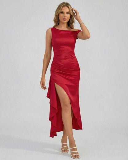 Valencia Midi Dress by Lauven, showcasing an elegant off-the-shoulder design with a high side slit and a flattering silhouette.