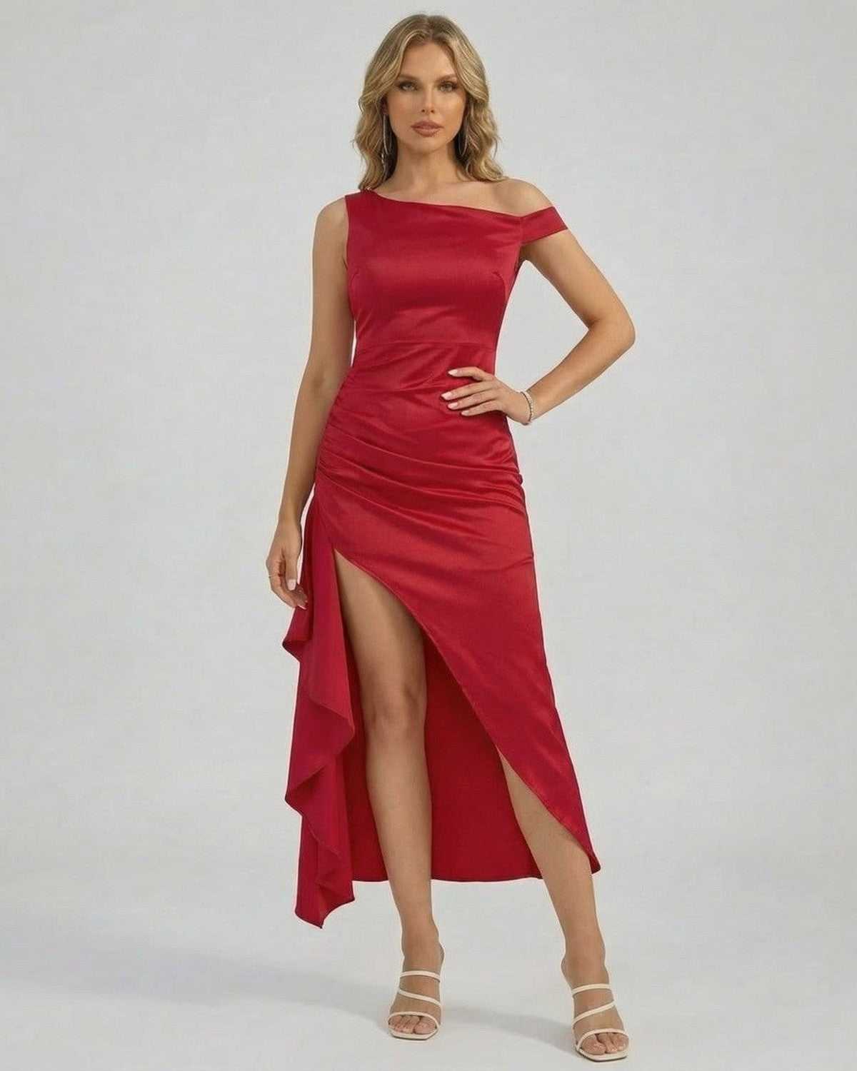 Valencia Midi Dress by Lauven featuring an elegant off-the-shoulder design and high slit for a stunning look.