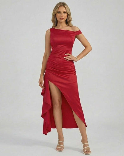 Valencia Midi Dress by Lauven featuring an elegant off-the-shoulder design and high slit for a stunning look.