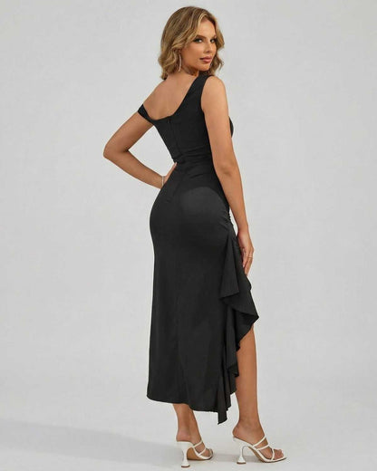 Noiré Midi Dress in black from Lauven, featuring an off-the-shoulder design and a stylish ruffle for elegant sophistication.
