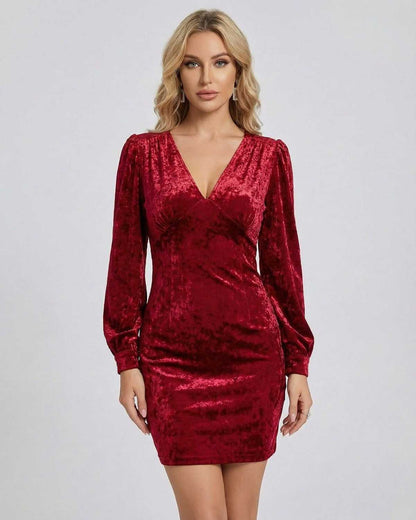 Valencia Mini Dress by Lauven in rich red velvet with long sleeves and V-neckline, perfect for elevated occasions.