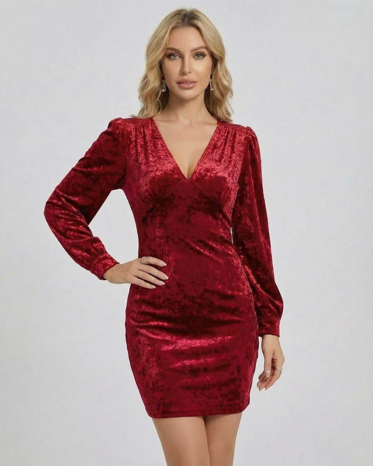 Valencia Mini Dress by Lauven in red velvet, long sleeve, V-neck silhouette for elegant occasions.