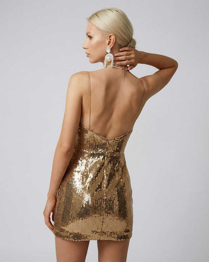Aureon Mini Dress by Lauven featuring a gold sequin sleeveless design with a draped V-neckline.