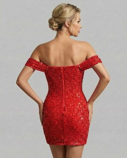 Scarlet Mini Dress by Lauven featuring an elegant off-shoulder design and stunning sequin detailing in vibrant red.