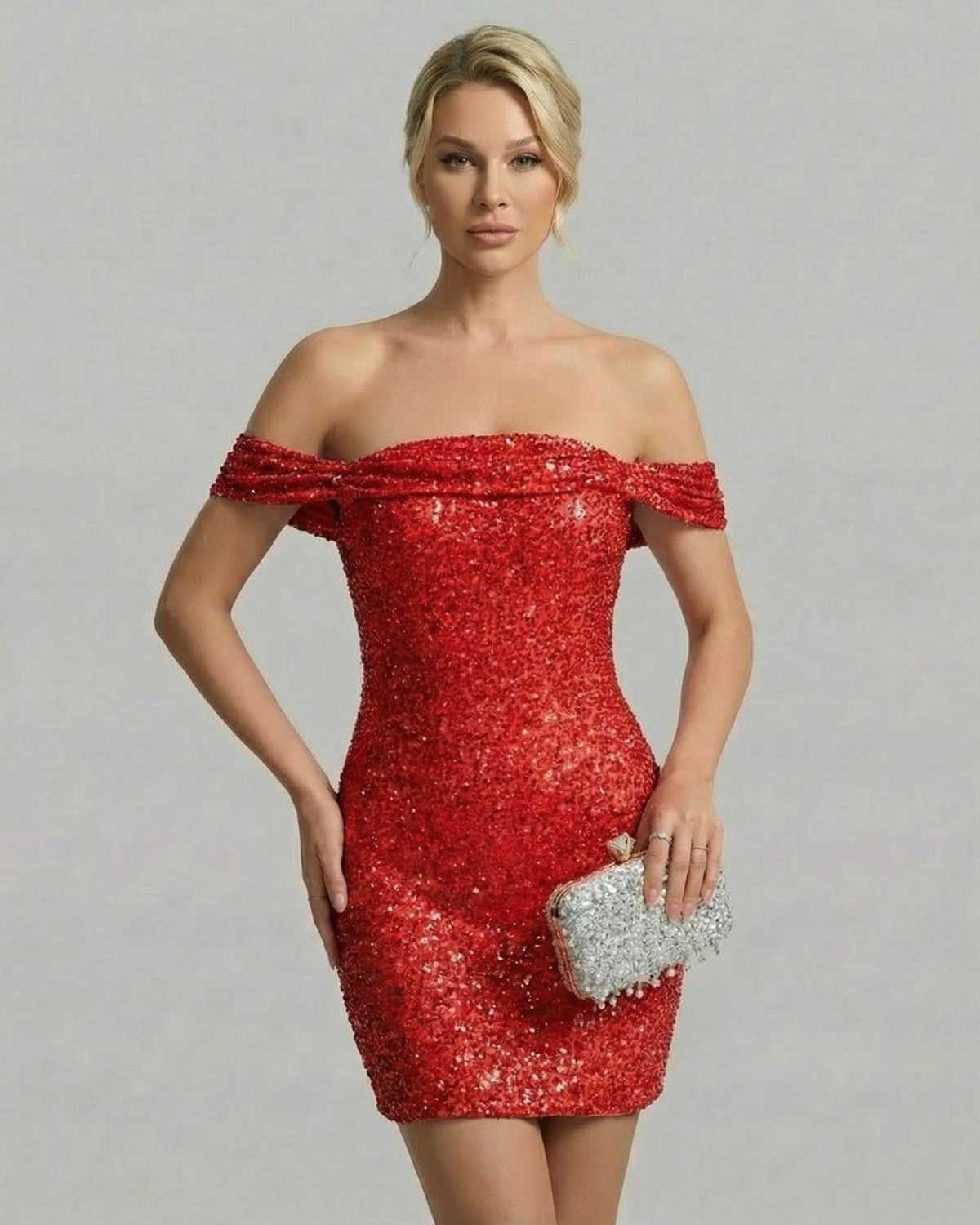 Lauven Scarlet Mini Dress featuring a sequin bodycon design and asymmetrical neckline for a glamorous evening look.