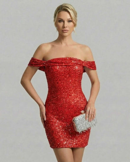 Lauven Scarlet Mini Dress featuring a sequin bodycon design and asymmetrical neckline for a glamorous evening look.