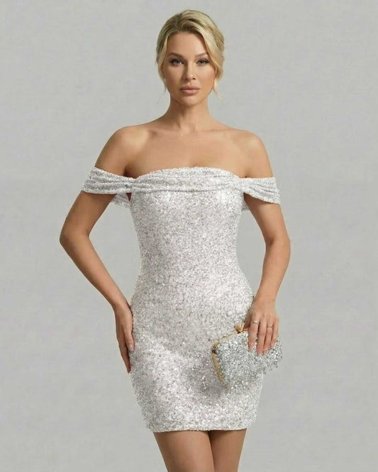 Ivory Mini Dress by Lauven - Stunning sequin bodycon design with an asymmetrical neckline and off-shoulder style.