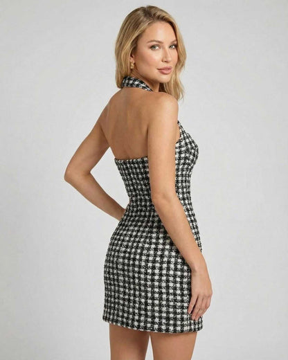 Aurelia Mini Dress by Lauven - Back view of a halter neck plaid mini dress designed with an A-line silhouette.