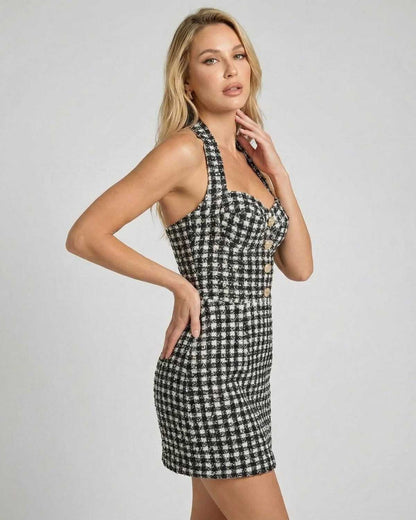 Aurelia Mini Dress by Lauven, halter neck plaid A-line mini dress, perfect for day or evening wear.