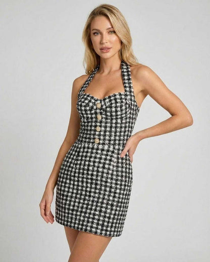 Aurelia Mini Dress by Lauven featuring a halter neck design and plaid pattern in a stylish A-line silhouette.