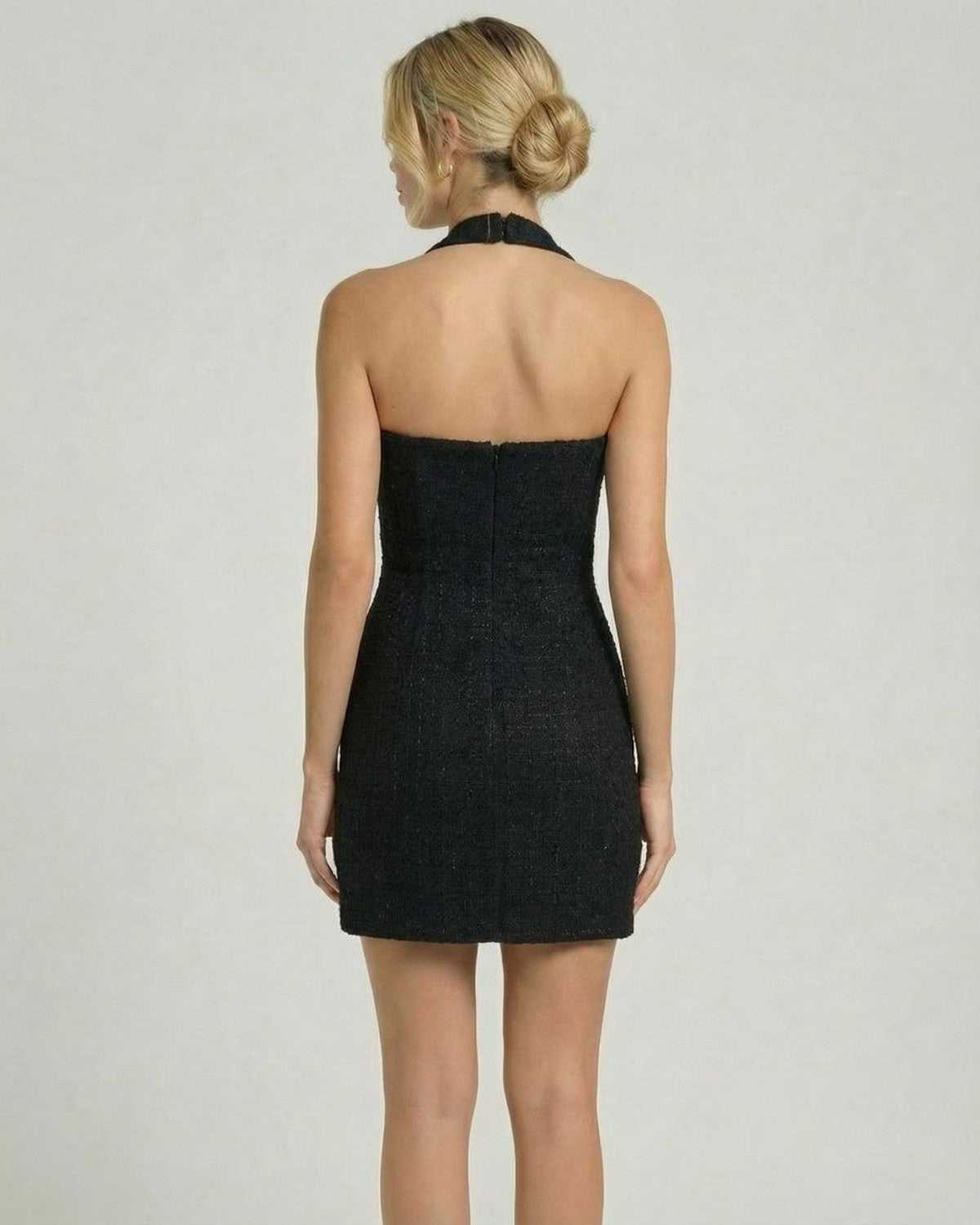 Back view of Lauven Nocturne Mini Dress featuring halter neck design, tailored fit, and A-line silhouette.