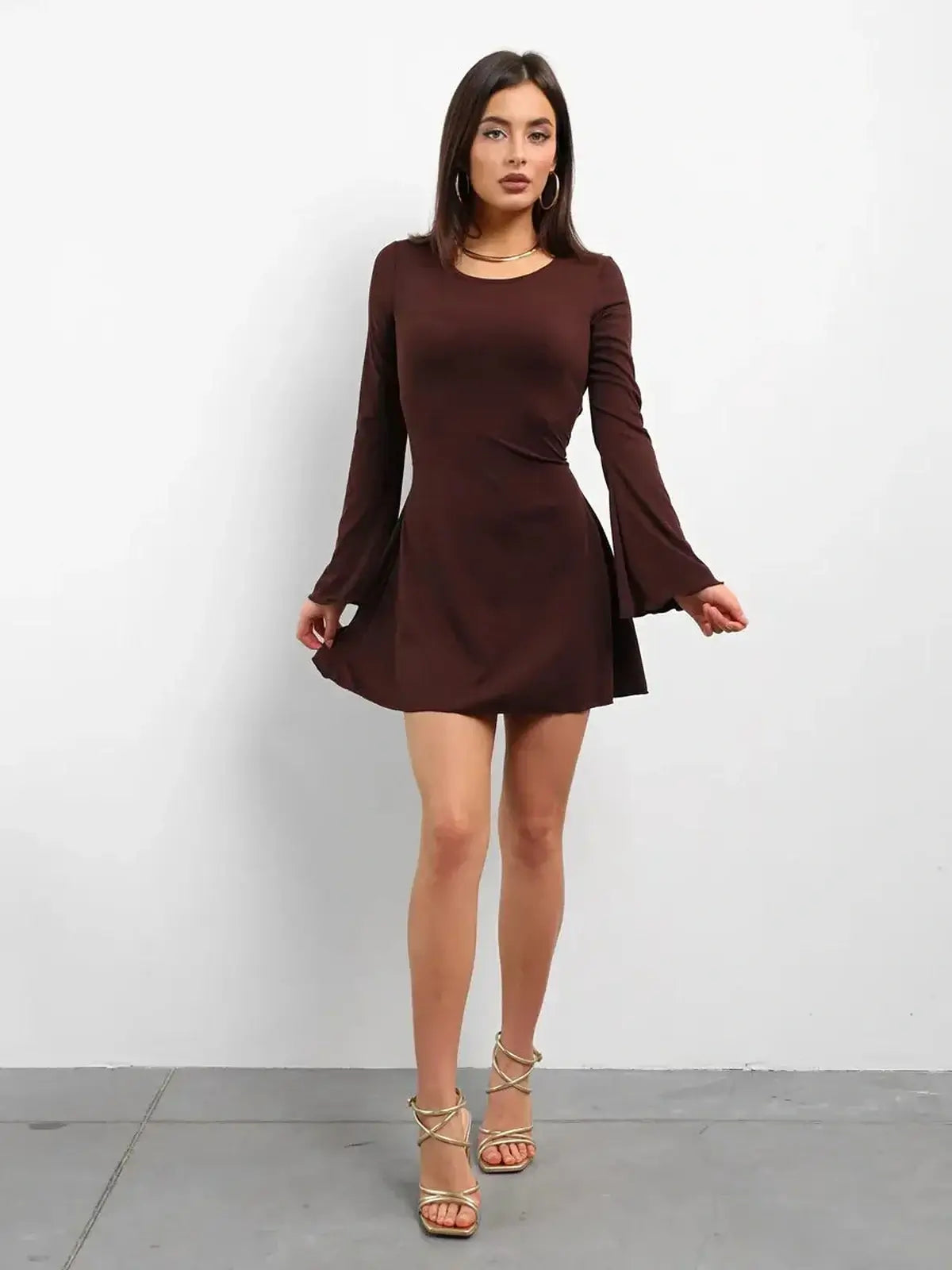 Cocoa Laced long sleeve mini dress in chocolate brown, perfect for summer and wedding guest occasions.