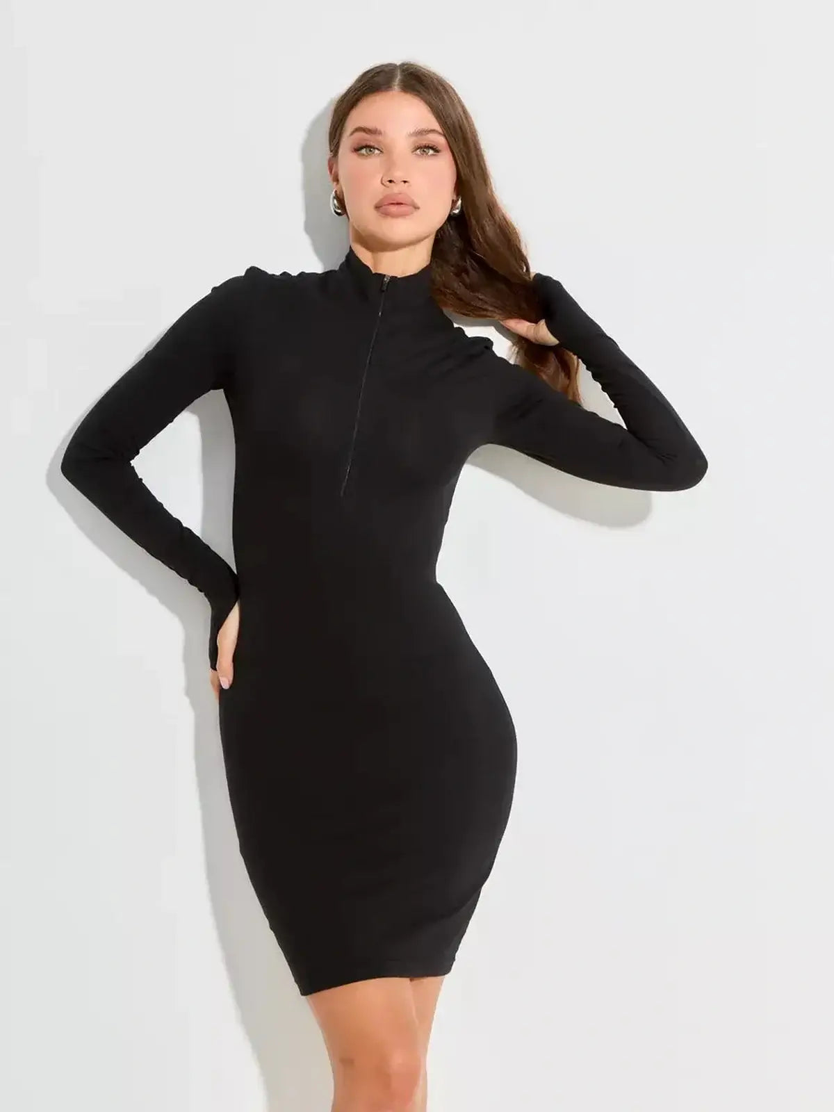 Sleek black long sleeve bodycon dress with stand collar and front zip, perfect for formal occasions and evening wear.