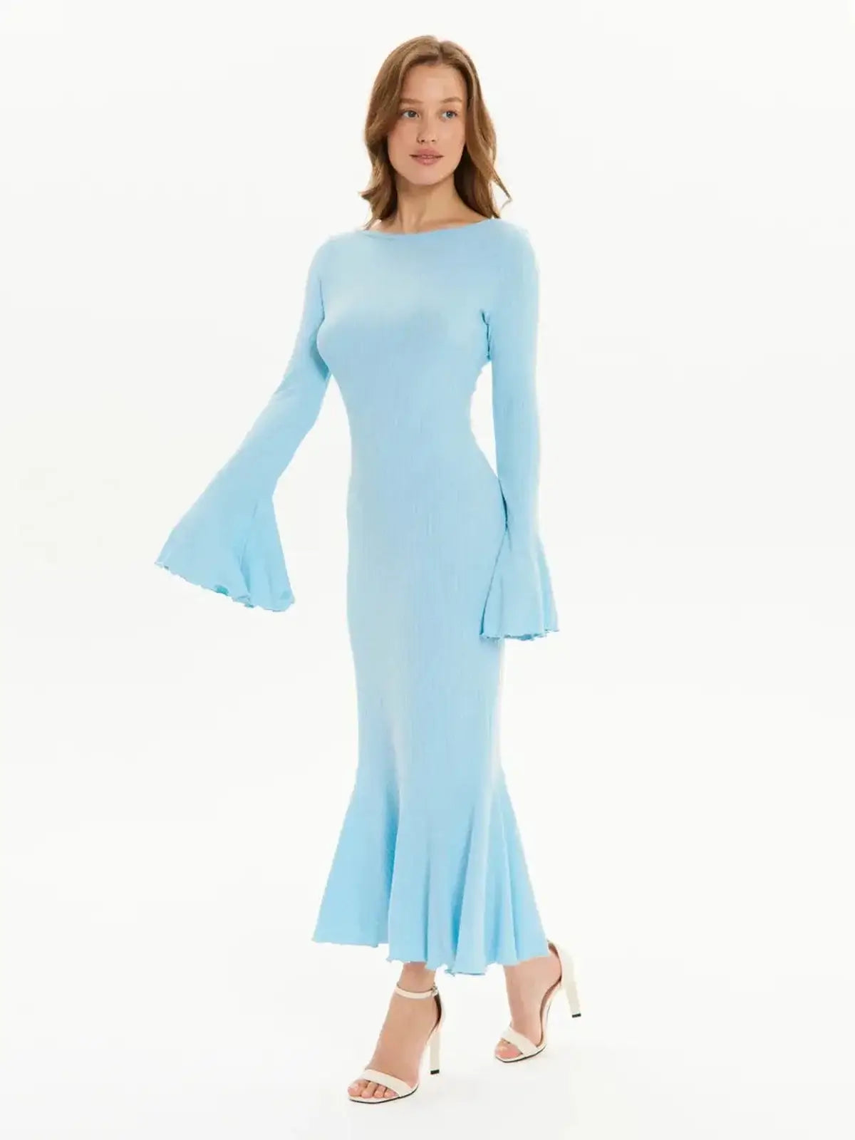 Light blue long sleeve midi dress with bell sleeves and flared hem, perfect for formal and summer occasions.