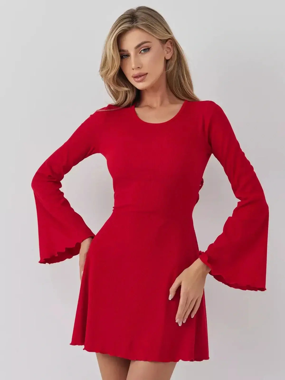 Stunning red mini dress with bell sleeves, perfect for weddings, parties, and summer events.