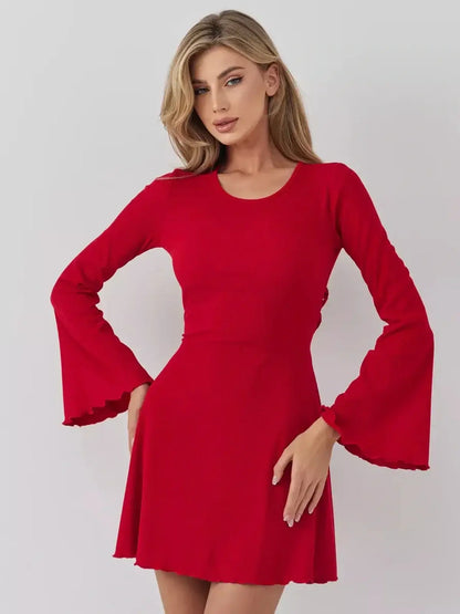 Stunning red mini dress with bell sleeves, perfect for weddings, parties, and summer events.