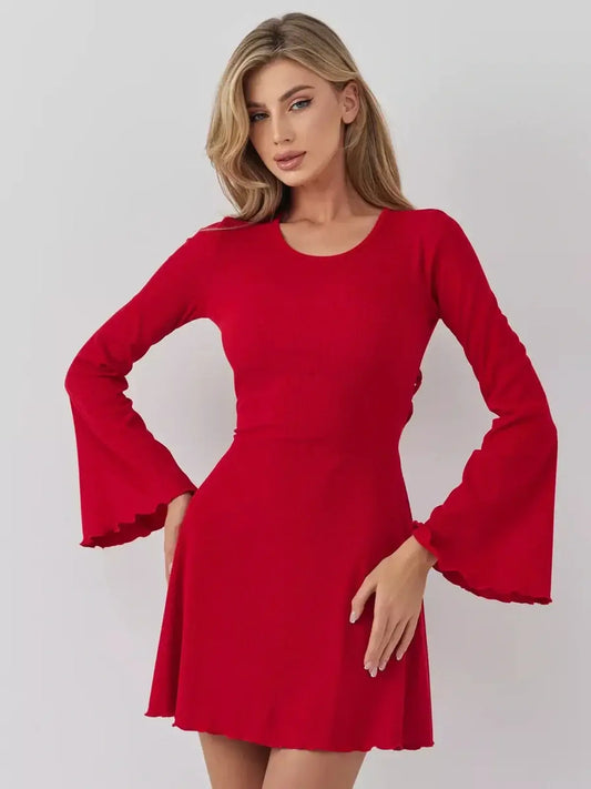 Stunning red mini dress with bell sleeves, perfect for weddings, parties, and summer events.