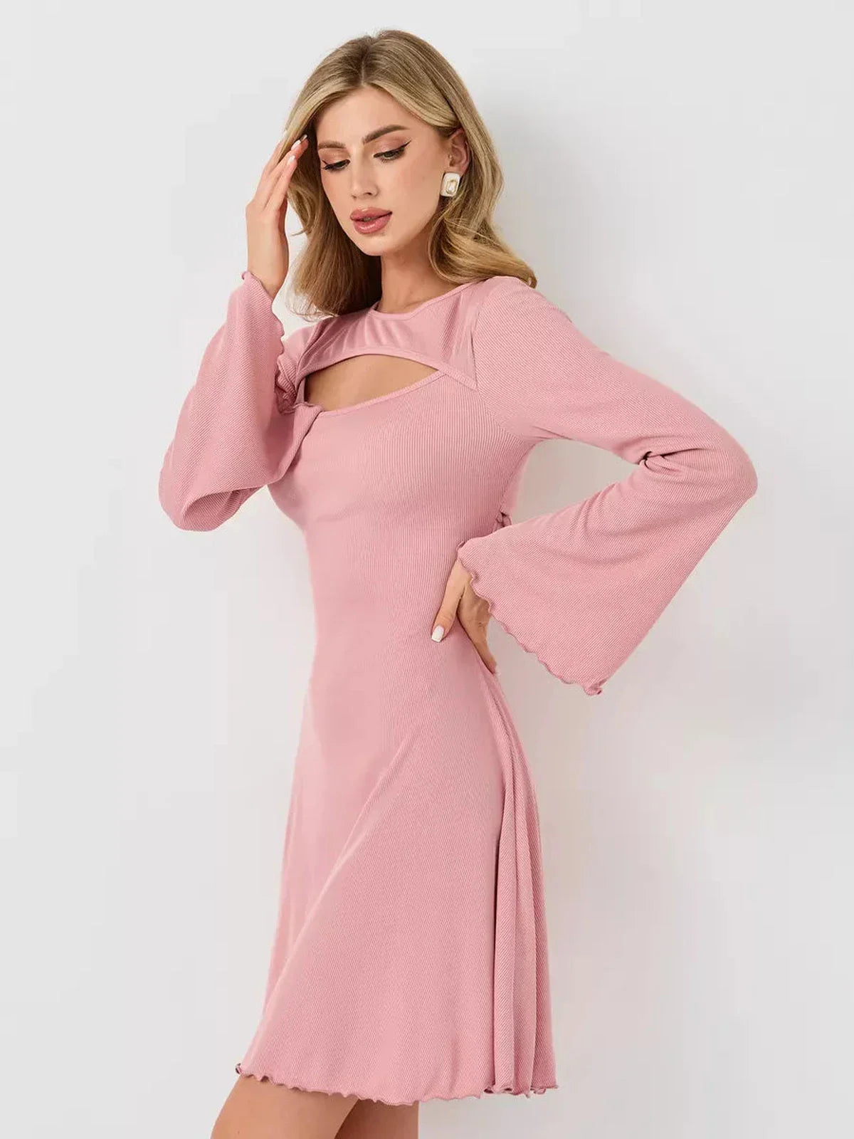 Blush Whisper dress in pastel pink, featuring flared long sleeves and a U-neckline, perfect for summer elegance.