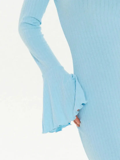 Light blue long sleeve dress detail featuring flared bell sleeves, perfect for summer weddings or formal occasions.
