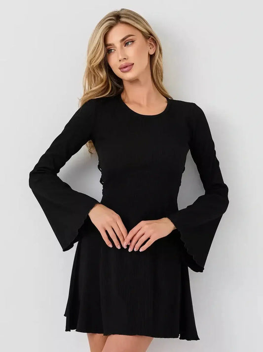 Elegant black long sleeve dress with flared cuffs, perfect for weddings, parties, and formal occasions.