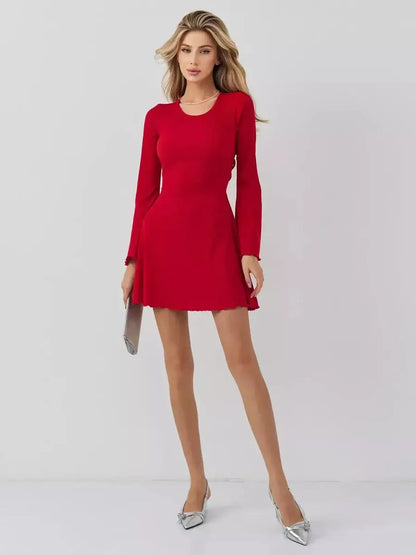 Stunning red mini dress with long sleeves and A-line silhouette, perfect for weddings, parties, and summer occasions.