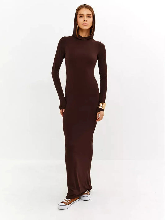 Sculpt Maxi Dress in chocolate, featuring a hooded design and sleek silhouette for a stylish, comfortable look.