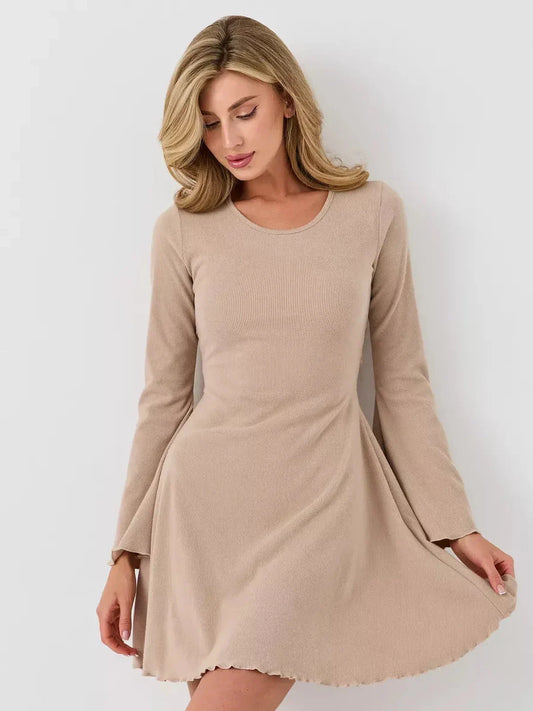 Warm beige ribbed mini dress with long bell sleeves and U-neckline, perfect for summer outings.