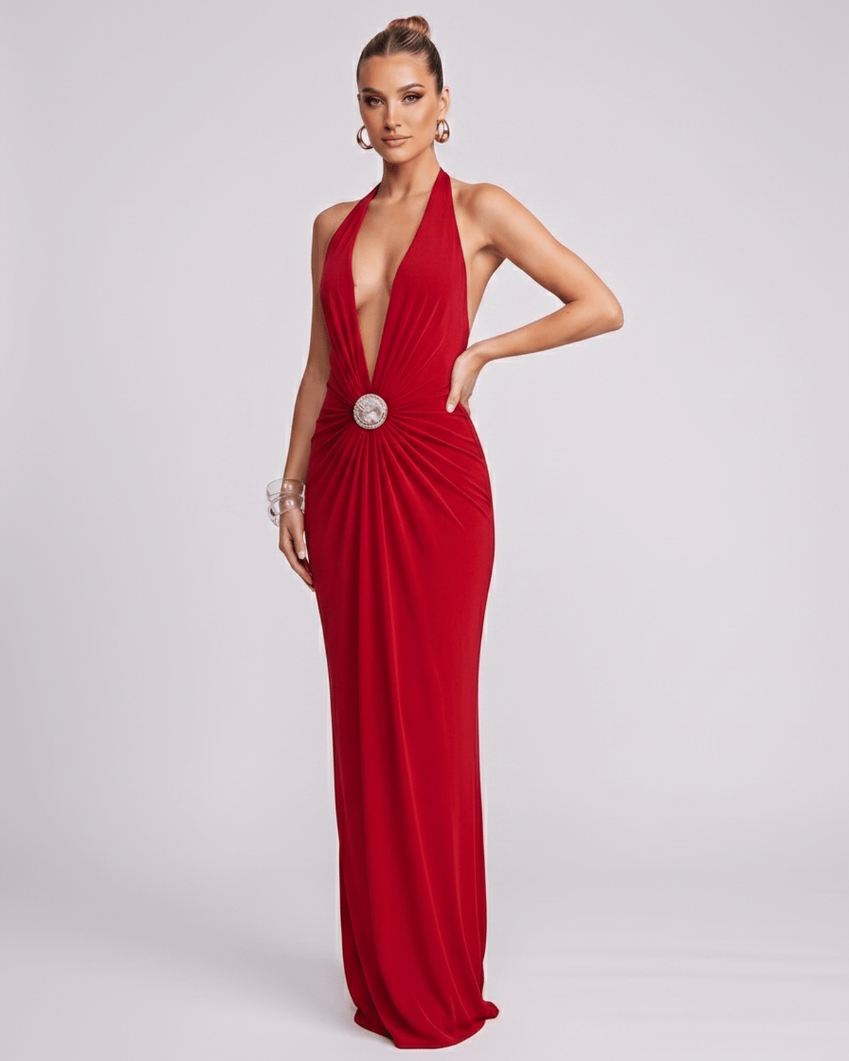 Aurelis Maxi Dress in red with deep V-neck, gathered waist and sleek silhouette, by Lauven, highlighting elegance.