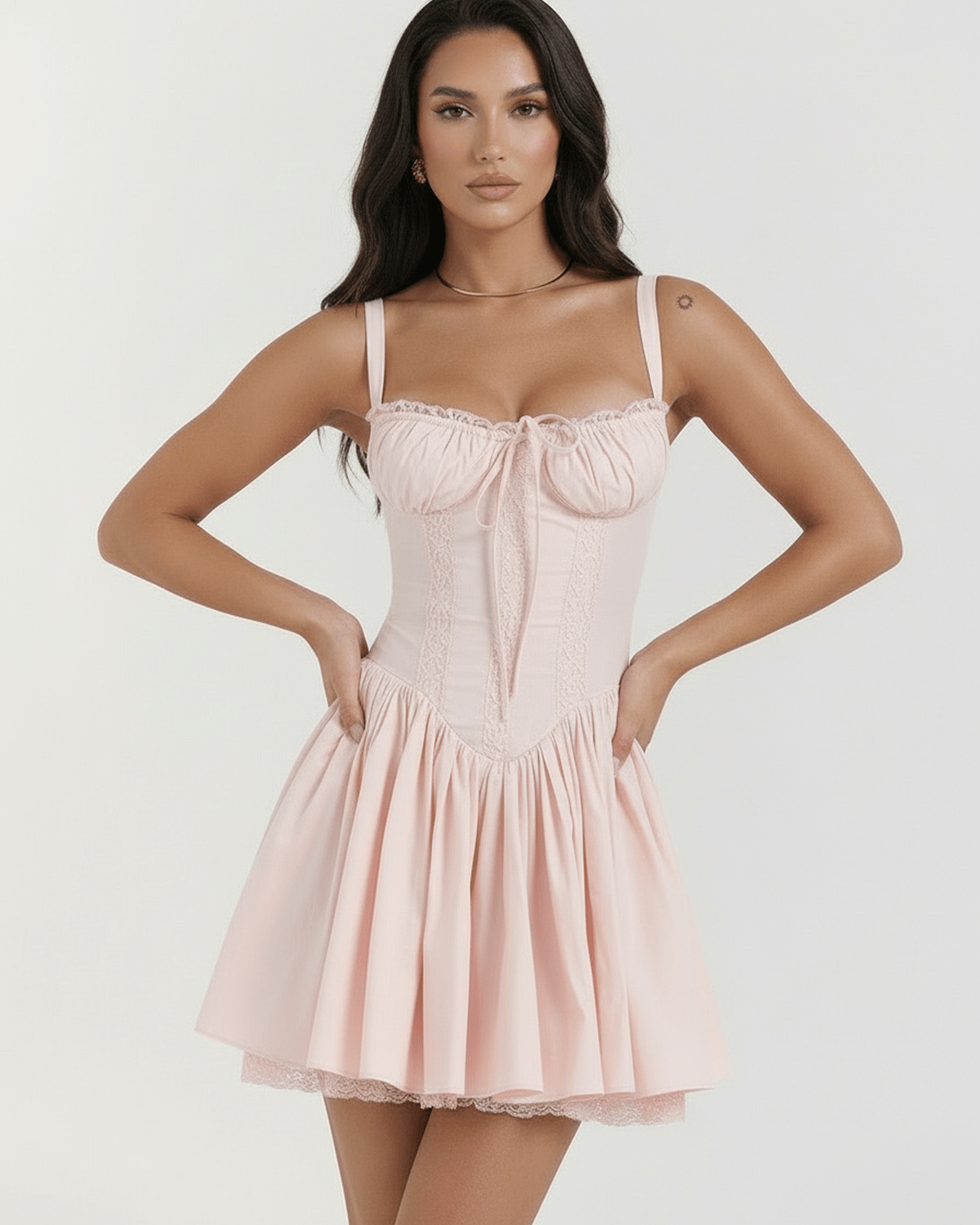 Celeste Mini Dress by Lauven featuring lace details and a flattering mid waist silhouette.