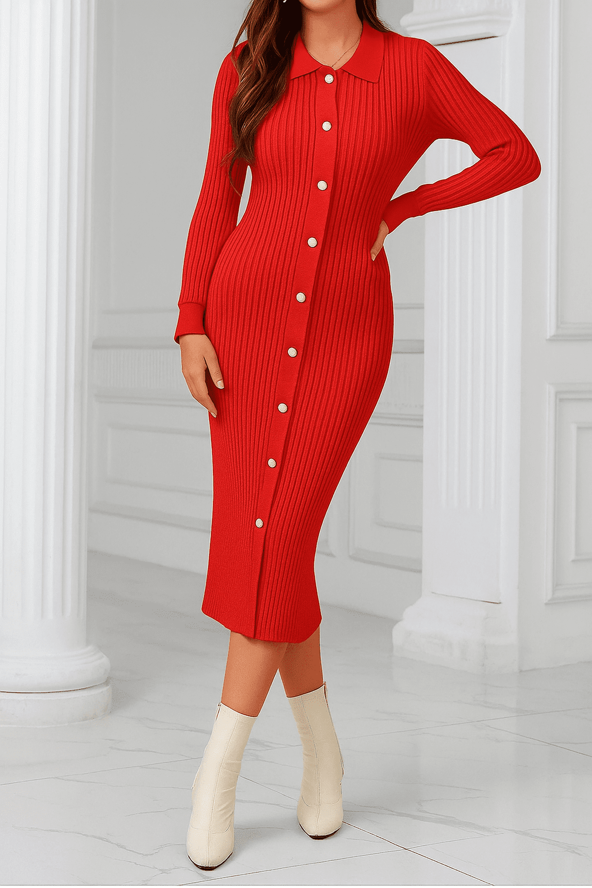 Ember Midi Dress by Lauven – Vibrant ribbed knit in red with button-down detail, designed to flatter.