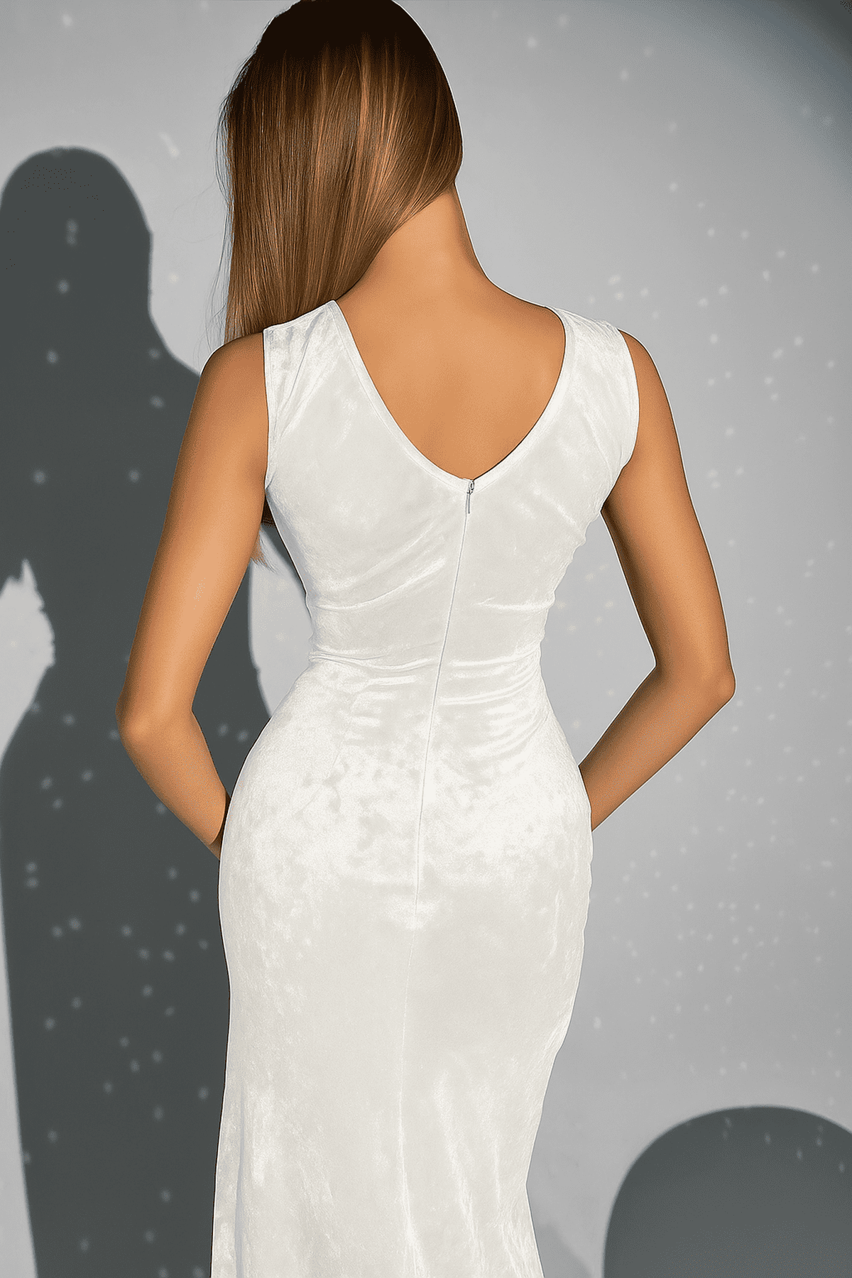 Lunaris Maxi Dress by Lauven showcasing the elegant back view with smooth, velvety texture and fitted silhouette.