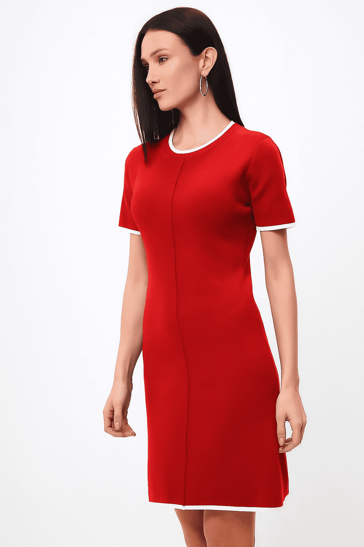 Capella Mini Dress by Lauven featuring refined contrast trim and a modern silhouette in vibrant red.