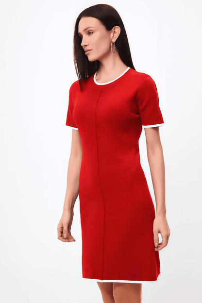 Capella Mini Dress by Lauven featuring refined contrast trim and a modern silhouette in vibrant red.