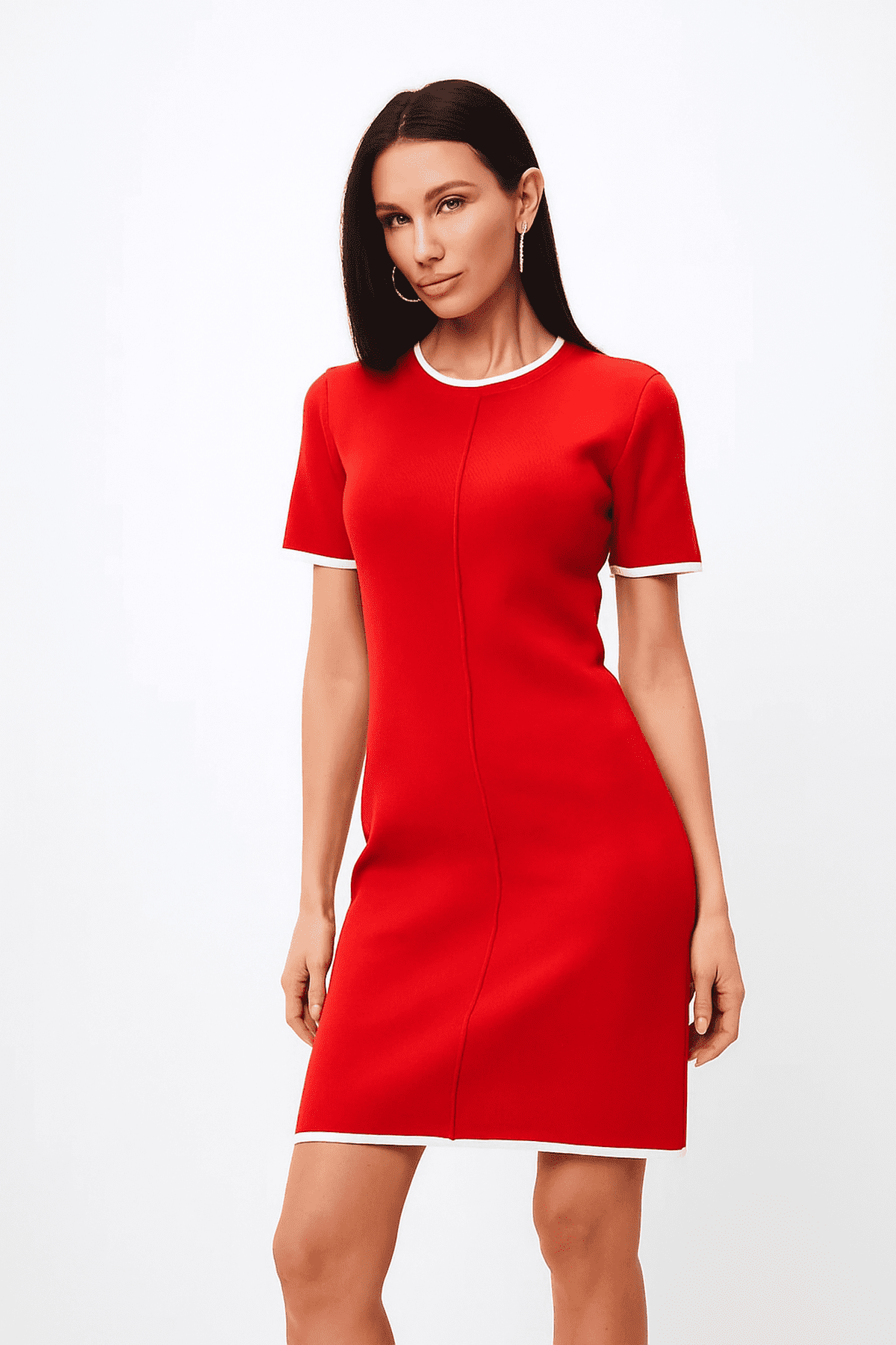 Capella Mini Dress by Lauven, showcasing refined contrast trim and a polished silhouette in bright red.