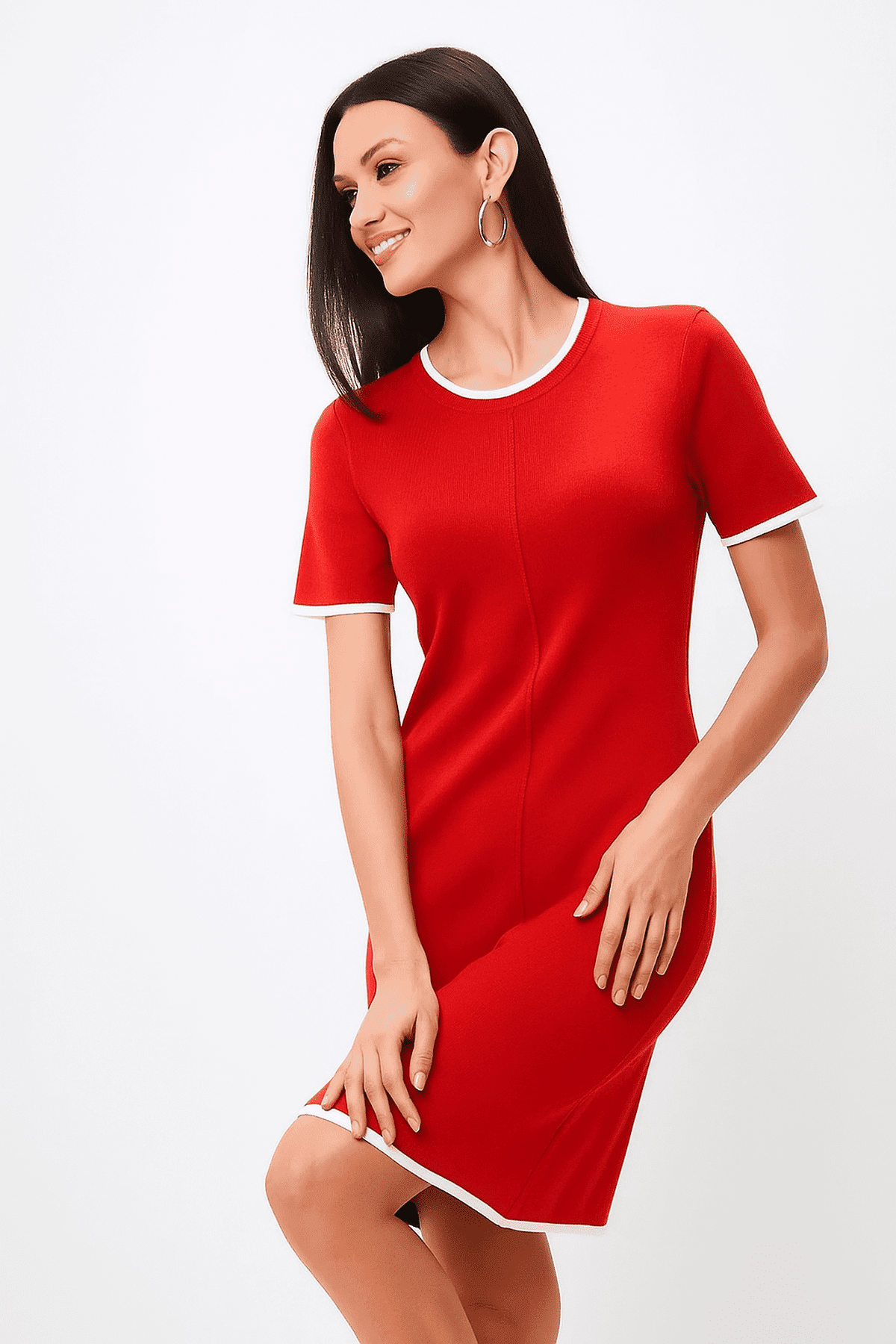 Capella Mini Dress by Lauven in vibrant red with refined contrast trim and short sleeves, perfect for any occasion.