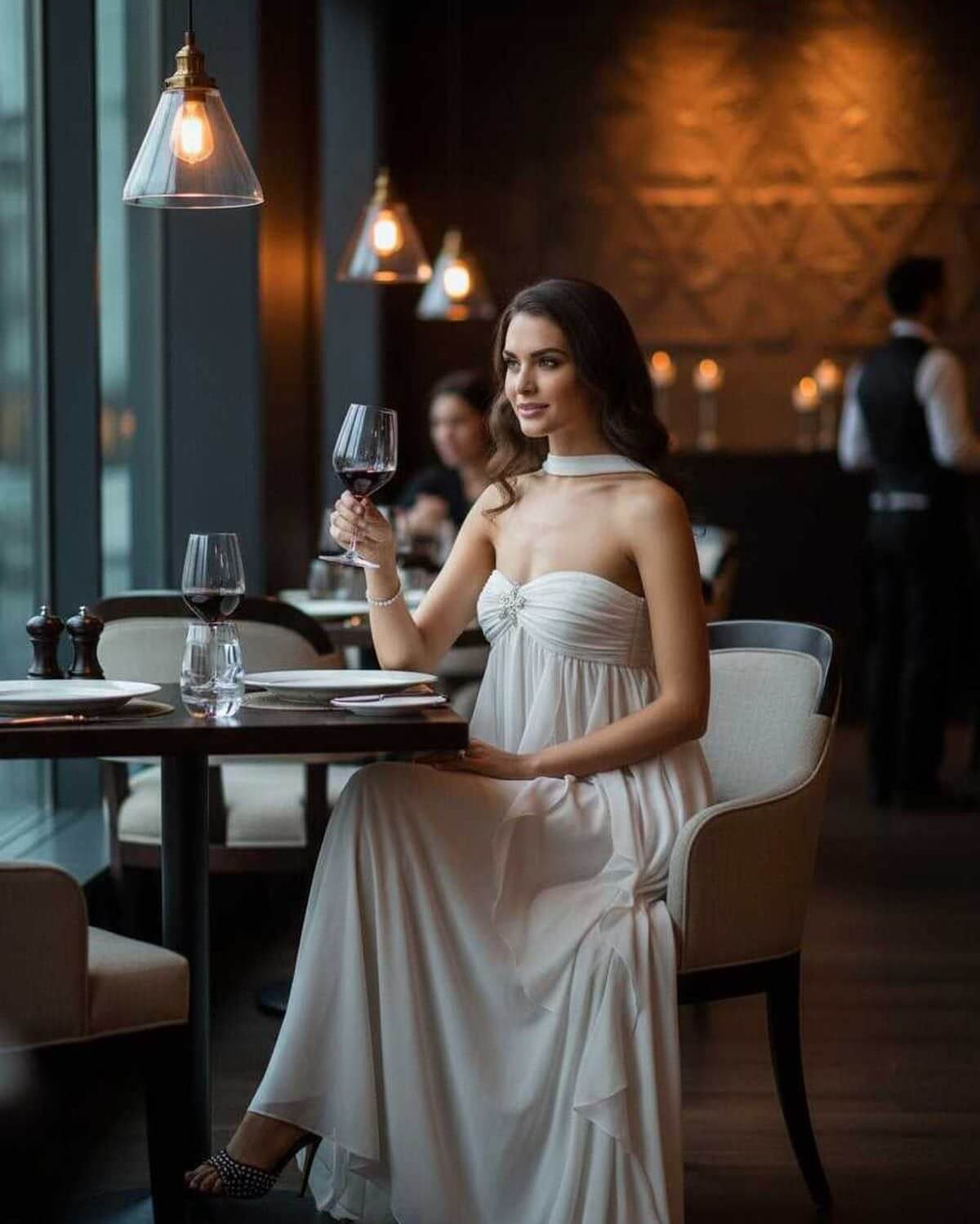 Clariona Maxi Dress by Lauven, elegant strapless gown in a stylish restaurant setting.
