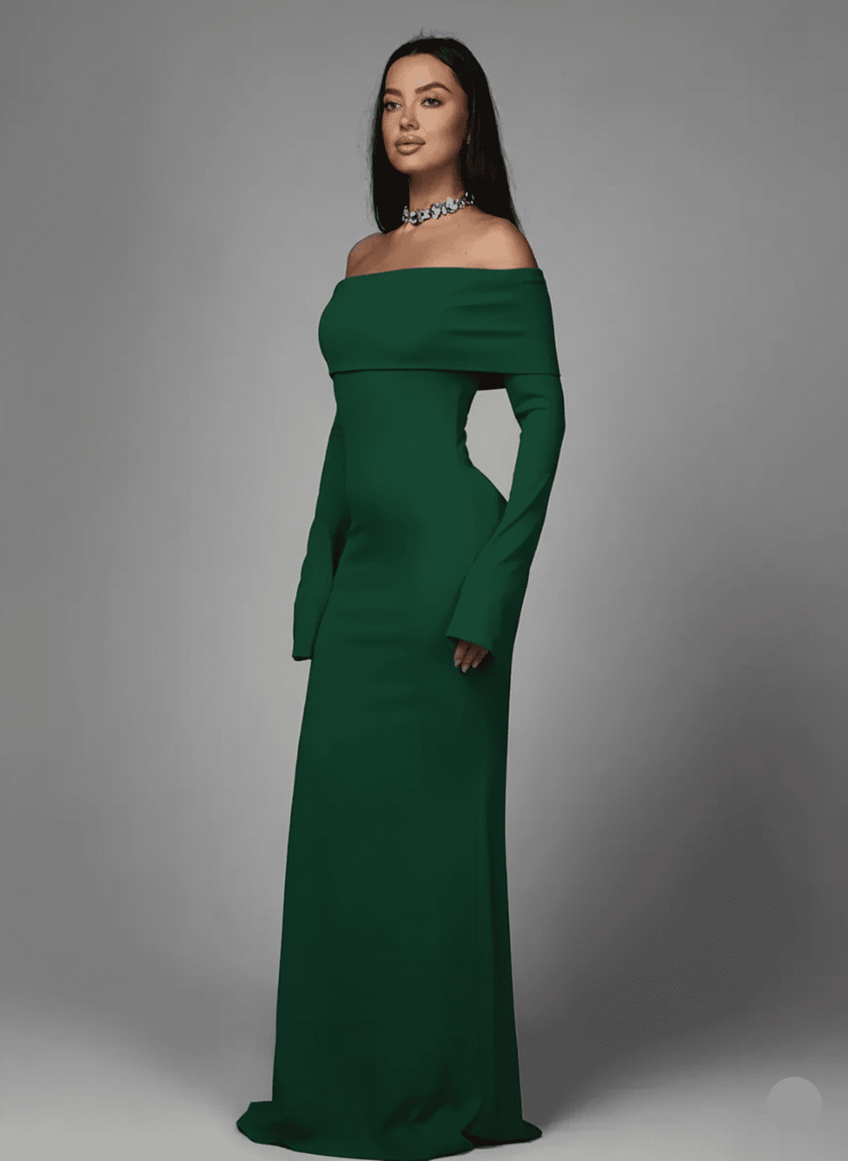 Verdalia Maxi Dress by Lauven — Off-Shoulder Sculpting Silhouette in Deep Emerald Green.