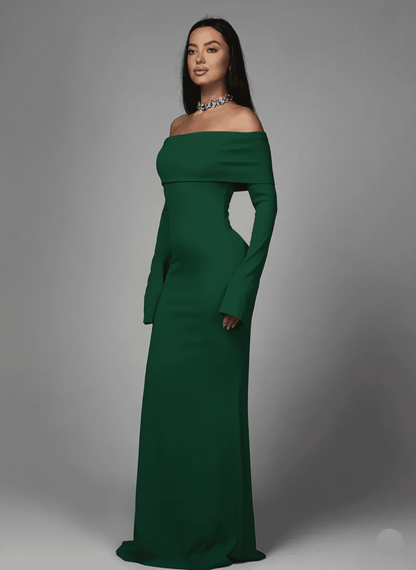 Verdalia Maxi Dress by Lauven — Off-Shoulder Sculpting Silhouette in Deep Emerald Green.