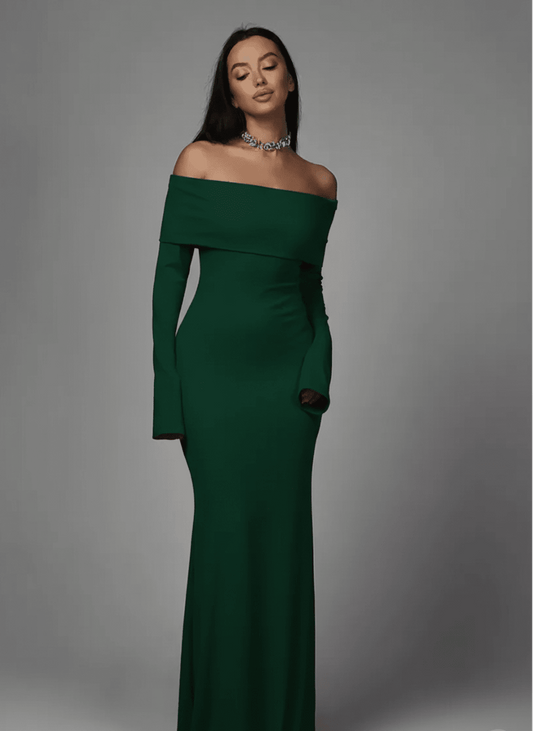 Verdalia Maxi Dress by Lauven in deep emerald, featuring an off-shoulder neckline and sculpting silhouette.