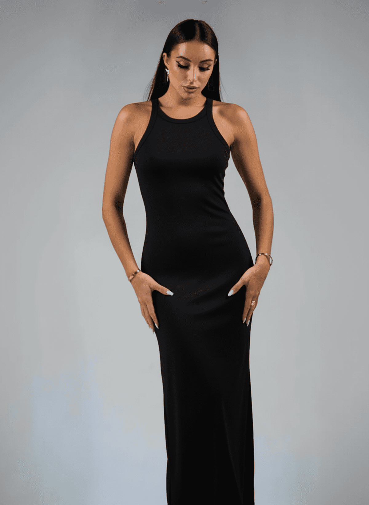 Lyra Maxi Dress by Lauven, black minimalist ribbed silhouette with side slit for modern elegance.
